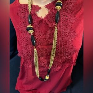 VTG Kenneth Lane multi gold tone chains w/glossy black & studded gold beads